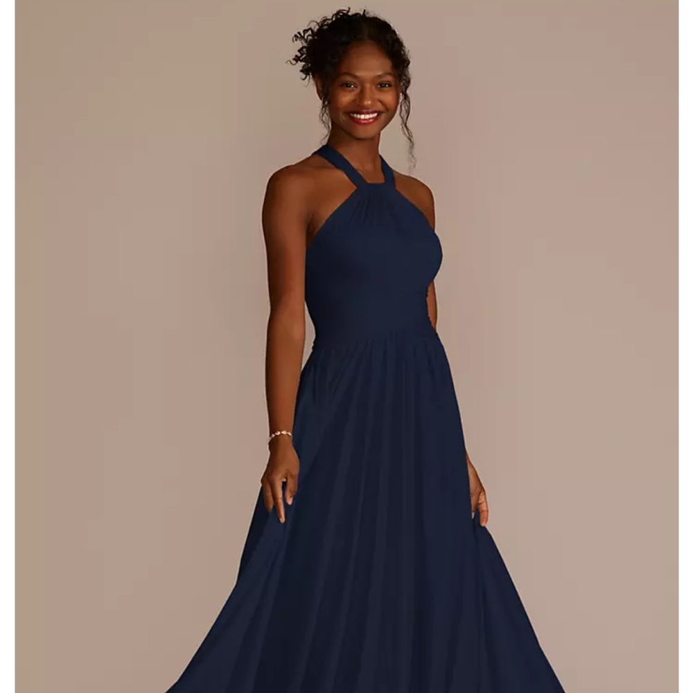David’s bridal high-neck mesh dress with full skirt in marine